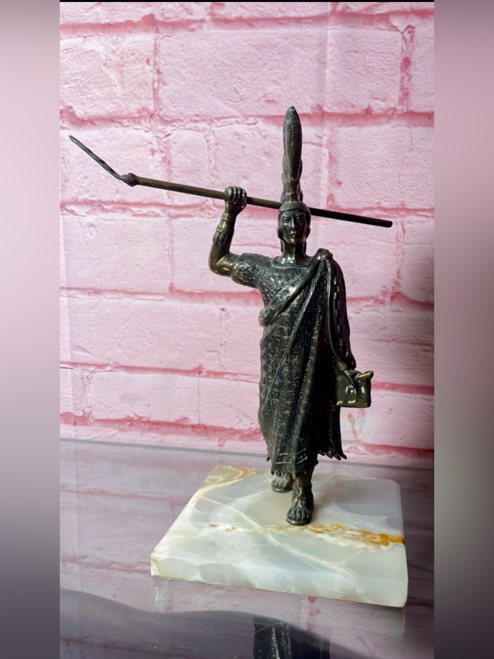 Bronze Tone Metal Cuauhtemoc on marble stand 17 1/2” 7”